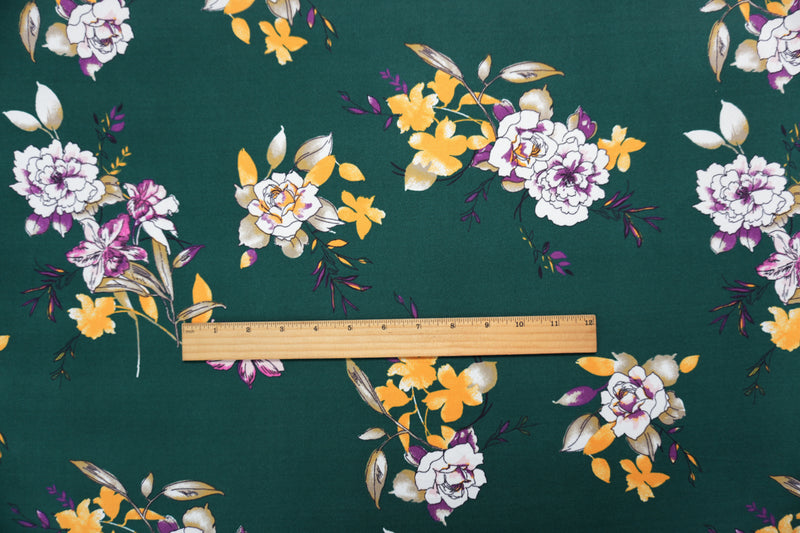 Green-Purple-Multi Poly Floral Double Brushed Jersey Knit Fabric