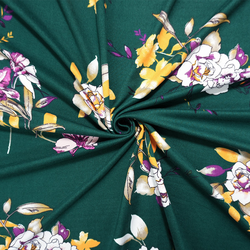 Green-Purple-Multi Poly Floral Double Brushed Jersey Knit Fabric
