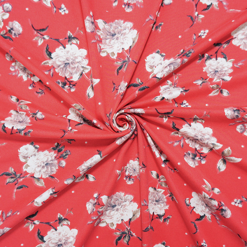 Red-Brown-Multi Poly Floral Double Brushed Jersey Knit Fabric