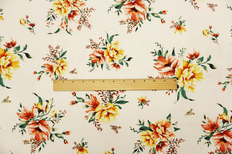 Ivory-Orange-Multi Poly Floral Double Brushed Jersey Knit Fabric