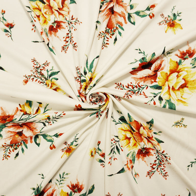 Ivory-Orange-Multi Poly Floral Double Brushed Jersey Knit Fabric