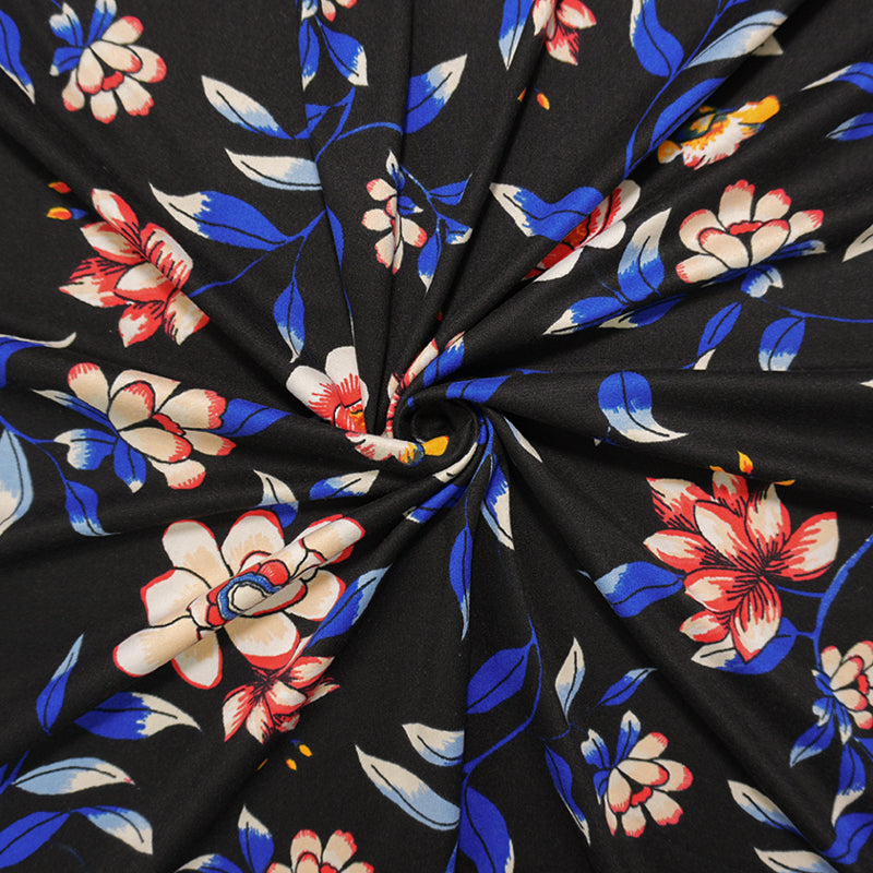Black-Blue-Red Poly Floral Double Brushed Jersey Knit Fabric
