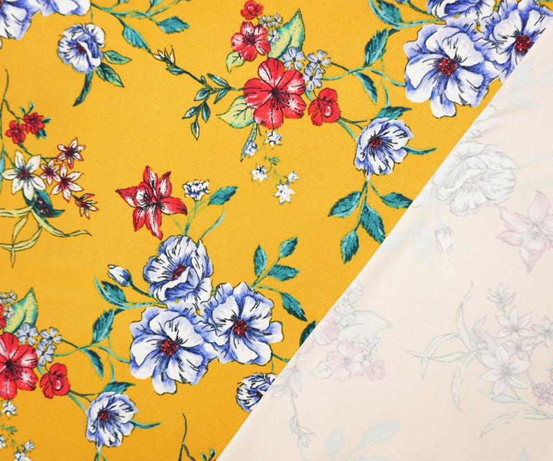 Yellow-Blue-Multi Poly Floral Double Brushed Jersey Knit Fabric