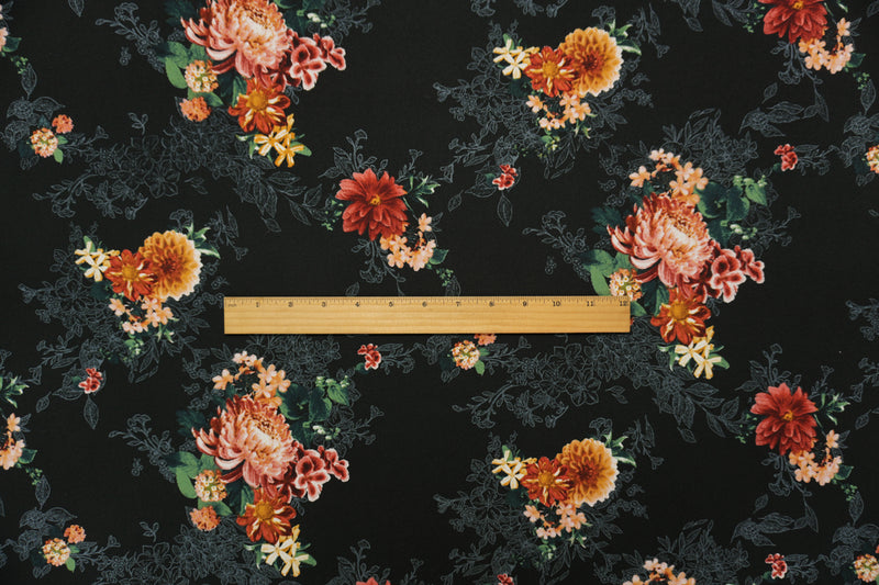 Black-Brown-Multi Poly Floral Double Brushed Jersey Knit Fabric