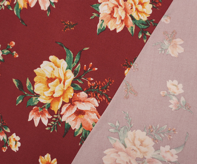 Maroon Red-Multi Poly Floral Double Brushed Jersey Knit Fabric
