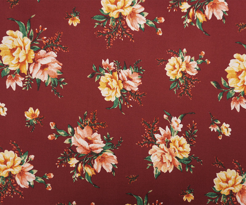 Maroon Red-Multi Poly Floral Double Brushed Jersey Knit Fabric