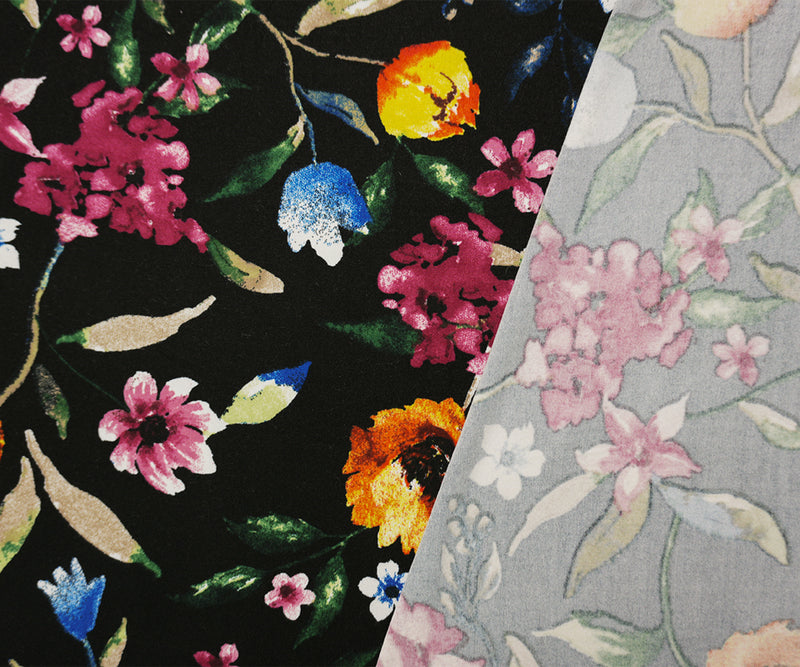 Black-Burgundy-Multi Poly Floral Double Brushed Jersey Knit Fabric