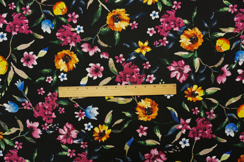 Black-Burgundy-Multi Poly Floral Double Brushed Jersey Knit Fabric