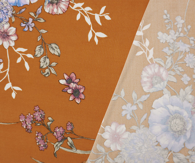 Brown-Purple-Multi Poly Floral Double Brushed Jersey Knit Fabric