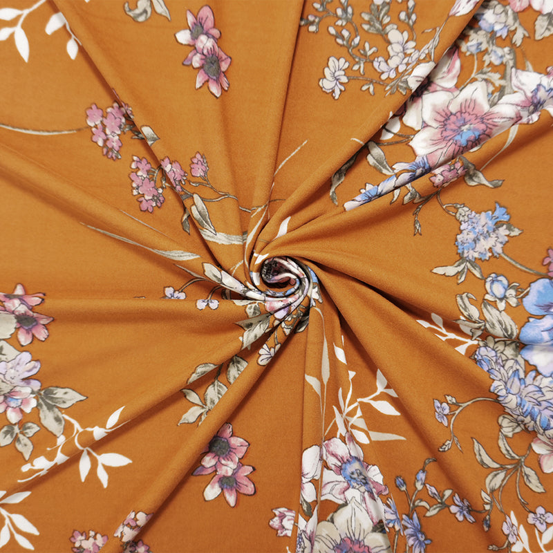 Brown-Purple-Multi Poly Floral Double Brushed Jersey Knit Fabric