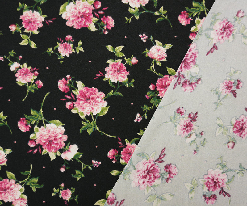 Black-Pink-Green Poly Floral Double Brushed Jersey Knit Fabric