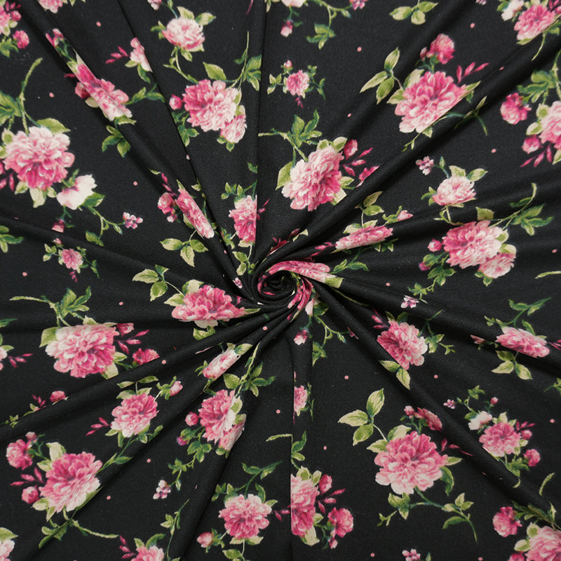 Black-Pink-Green Poly Floral Double Brushed Jersey Knit Fabric
