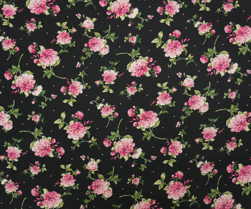 Black-Pink-Green Poly Floral Double Brushed Jersey Knit Fabric