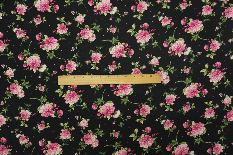 Black-Pink-Green Poly Floral Double Brushed Jersey Knit Fabric