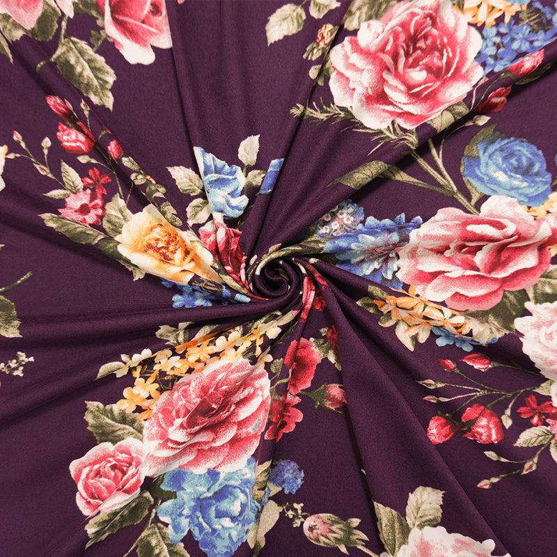 Purple-Red-Multi Poly Floral Double Brushed Jersey Knit Fabric
