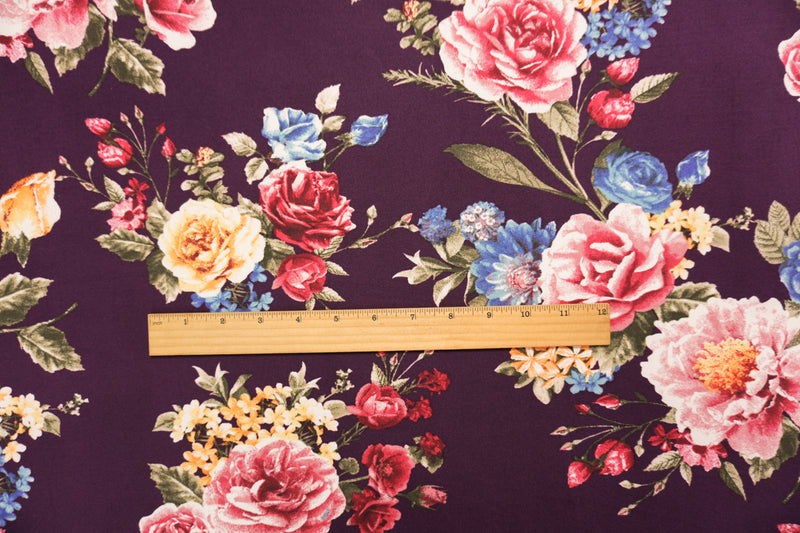 Purple-Red-Multi Poly Floral Double Brushed Jersey Knit Fabric