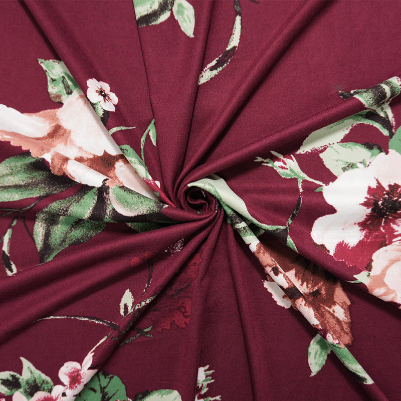 Burgundy Red-Multi Poly Floral Double Brushed Jersey Knit Fabric