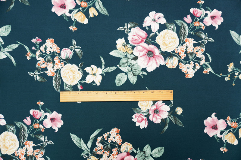 Deep Green-Multi Poly Floral Double Brushed Jersey Knit Fabric