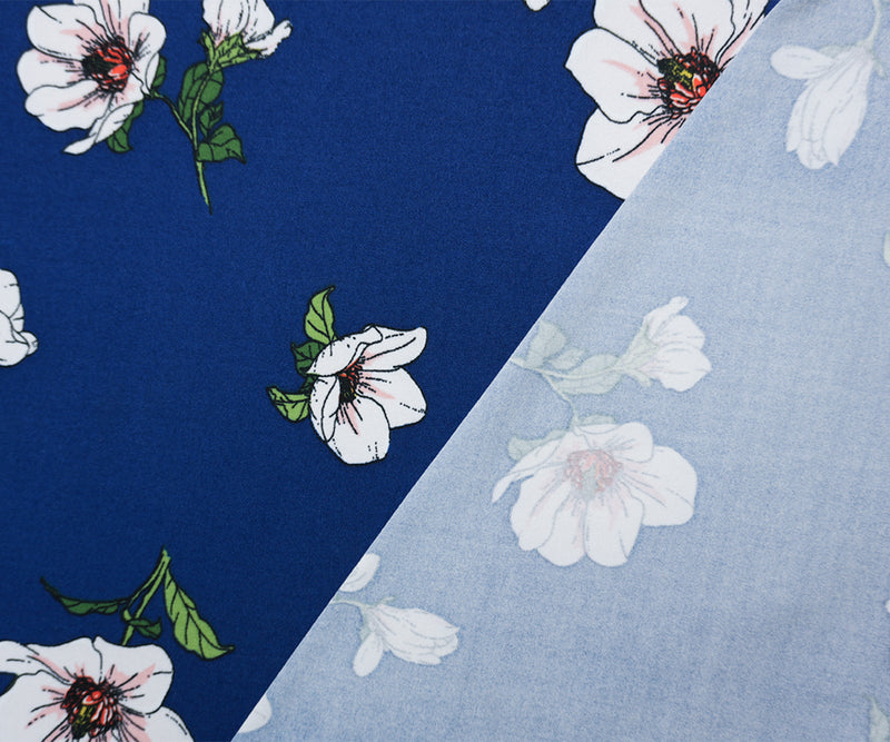 Blue-White-Multi Poly Floral Double Brushed Jersey Knit Fabric