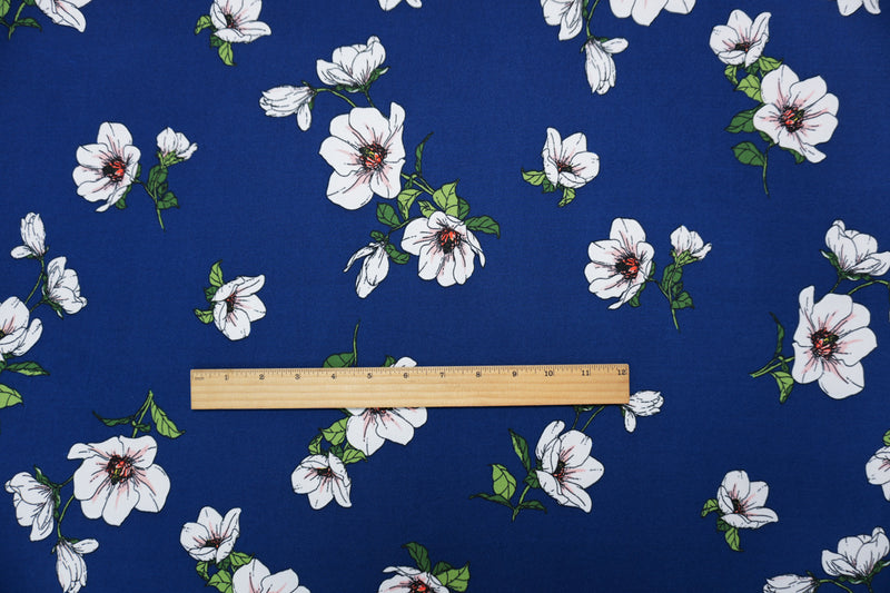 Blue-White-Multi Poly Floral Double Brushed Jersey Knit Fabric