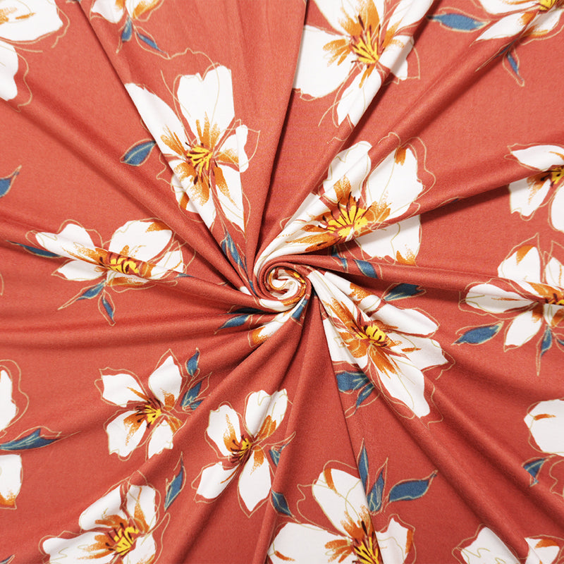 Red-Orange-Multi Poly Floral Double Brushed Jersey Knit Fabric