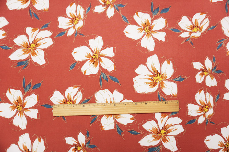 Red-Orange-Multi Poly Floral Double Brushed Jersey Knit Fabric
