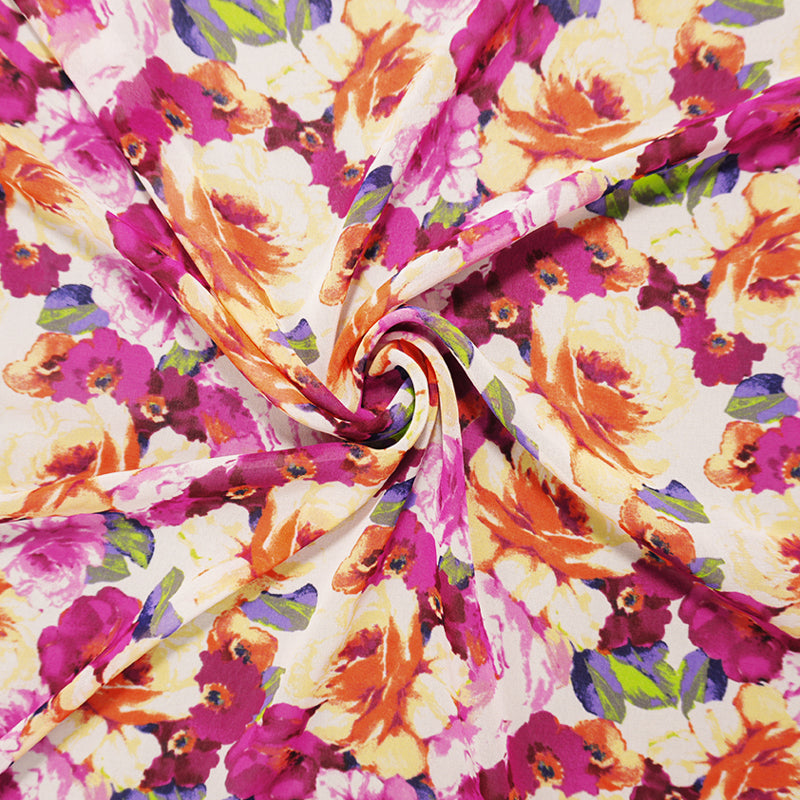 Pink-Purple-Multi Poly Floral Printed Chiffon Woven Fabric