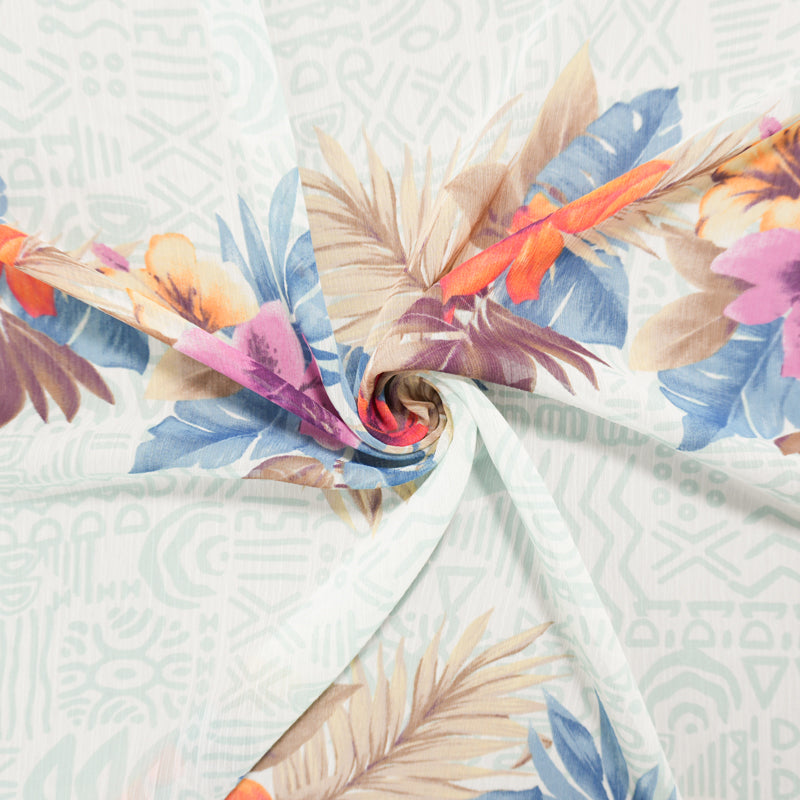 Green-Orange Poly Floral Aztec Yoryu Chiffon Woven Fabric