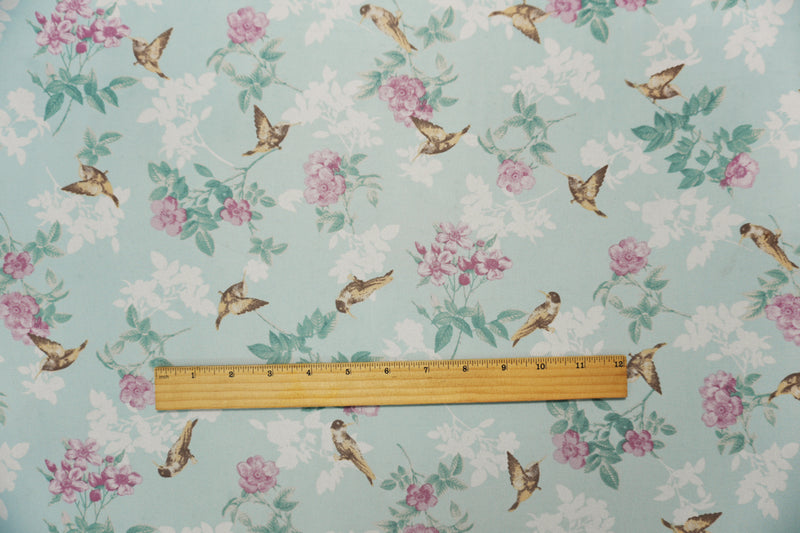 Blue-Multi Poly Floral And Bird Printed Chiffon Woven Fabric