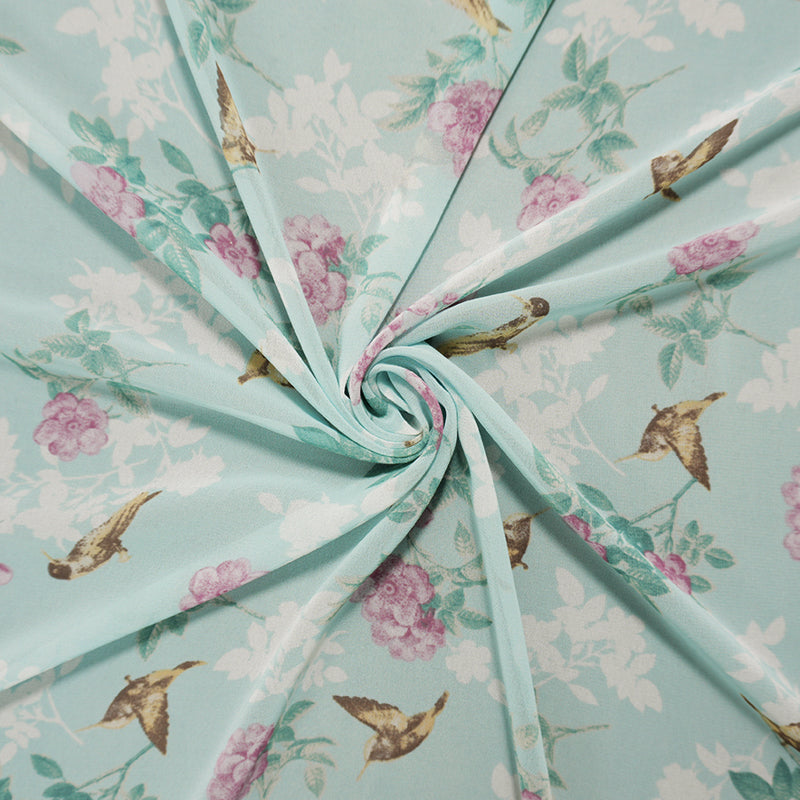 Blue-Multi Poly Floral And Bird Printed Chiffon Woven Fabric