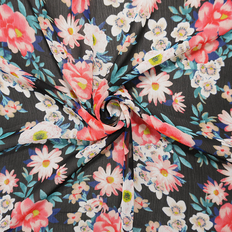 Black-Red-Multi Poly Floral Printed Yoryu Chiffon Woven Fabric