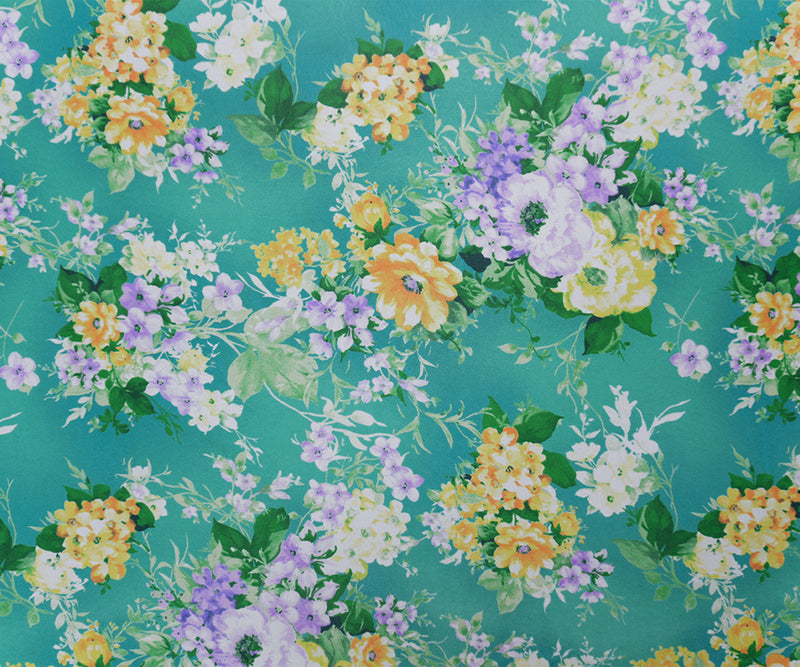 Teal-Yellow-Multi Poly Floral Printed Chiffon Woven Fabric
