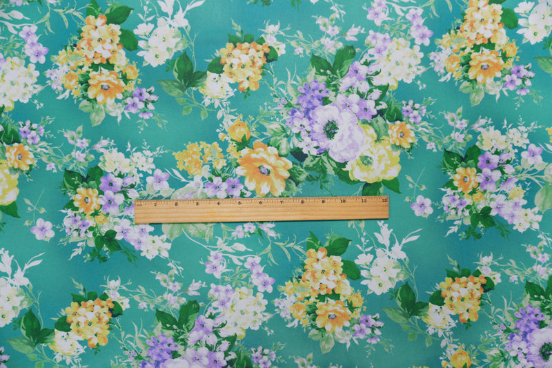 Teal-Yellow-Multi Poly Floral Printed Chiffon Woven Fabric