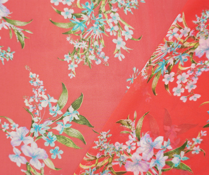 Red-Green-Multi Poly Floral Printed Chiffon Woven Fabric