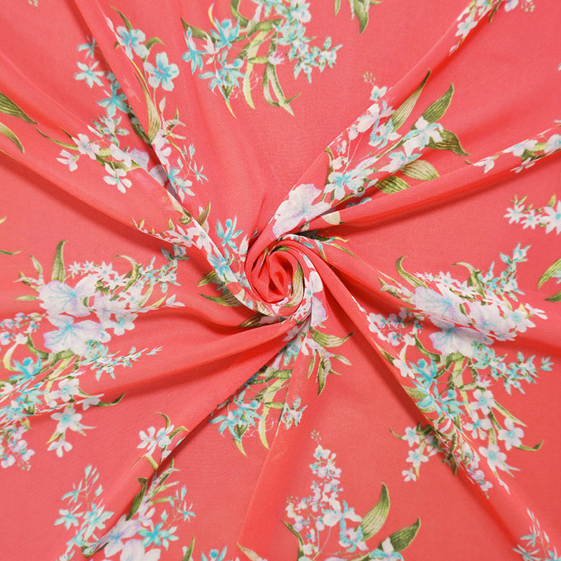 Red-Green-Multi Poly Floral Printed Chiffon Woven Fabric