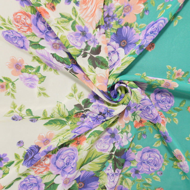 Green-Multi Poly Floral Border Printed Chiffon Woven Fabric