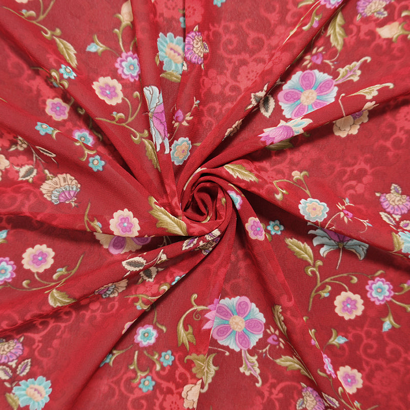 Red-Teal-Multi Poly Floral Printed Chiffon Woven Fabric