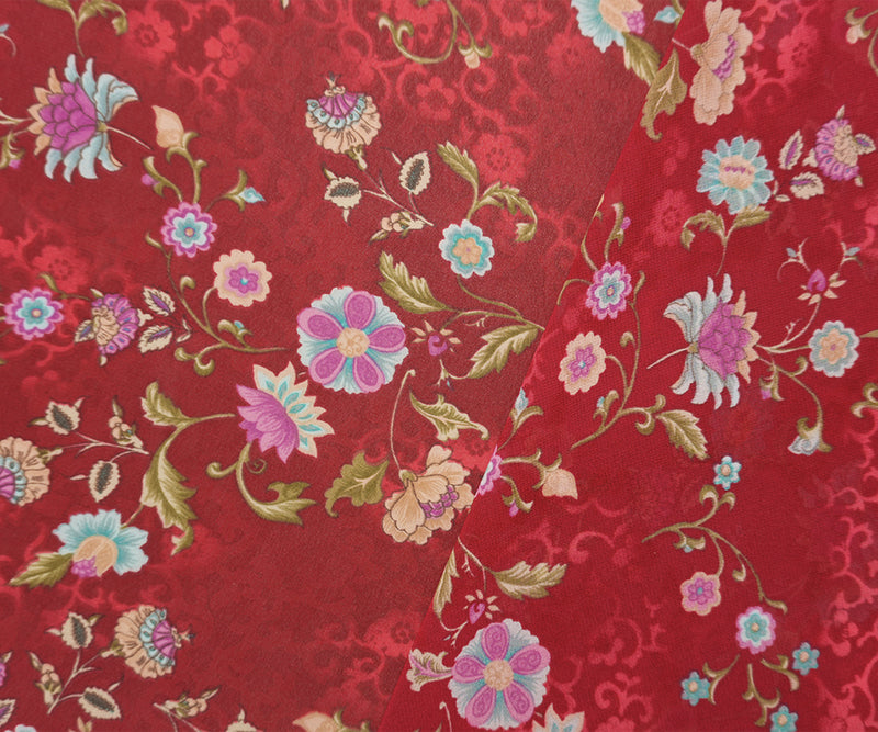 Red-Teal-Multi Poly Floral Printed Chiffon Woven Fabric