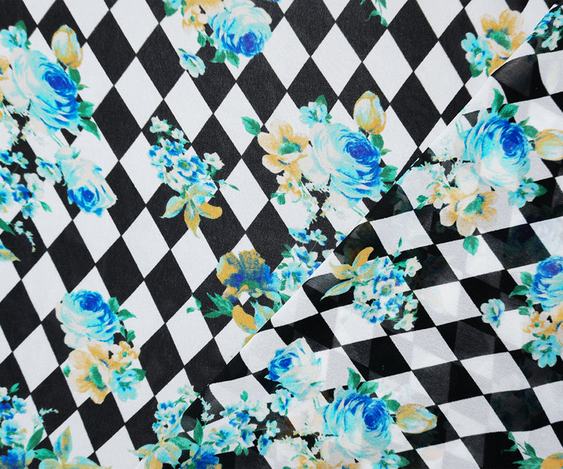 Black-White-Blue Poly Floral Tile Printed Chiffon Woven Fabric