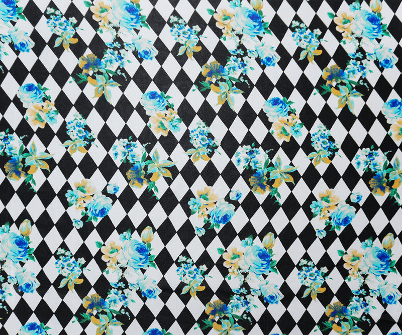 Black-White-Blue Poly Floral Tile Printed Chiffon Woven Fabric