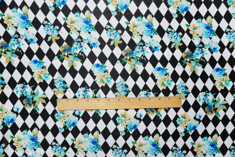 Black-White-Blue Poly Floral Tile Printed Chiffon Woven Fabric