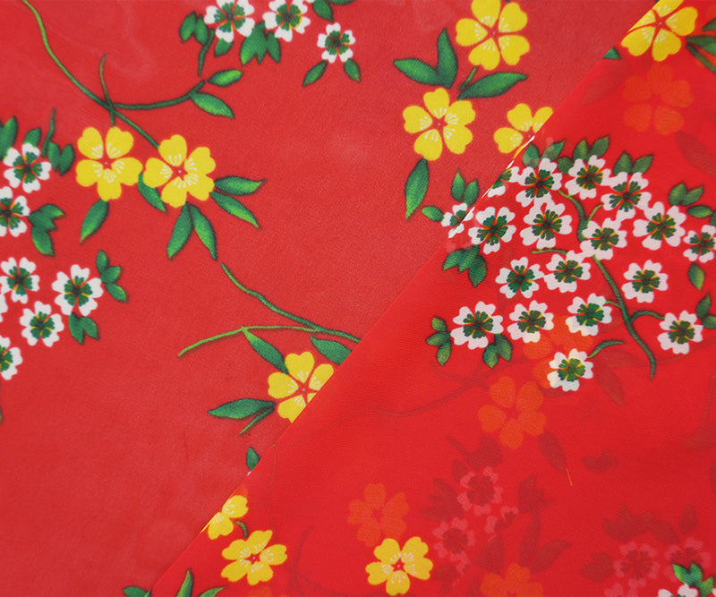 Red-Yellow-Multi Poly Floral Printed Chiffon Woven Fabric