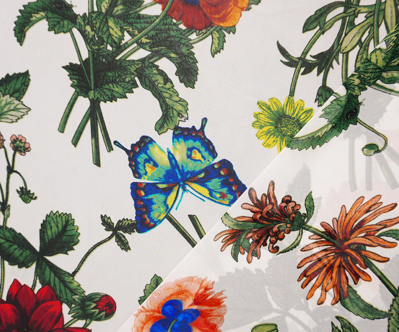 Red-Green-White Poly Floral Printed Chiffon Woven Fabric