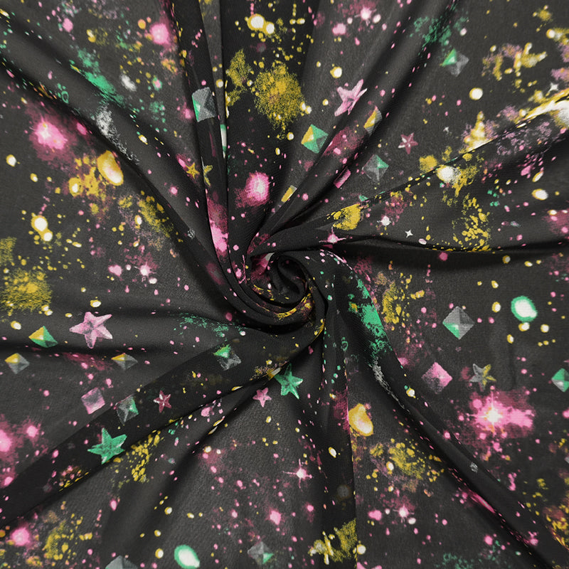 Black-Yellow-Pink Poly Universe Printed Chiffon Woven Fabric