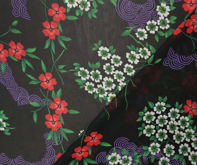 Black-Red-Multi Poly Floral Printed Chiffon Woven Fabric