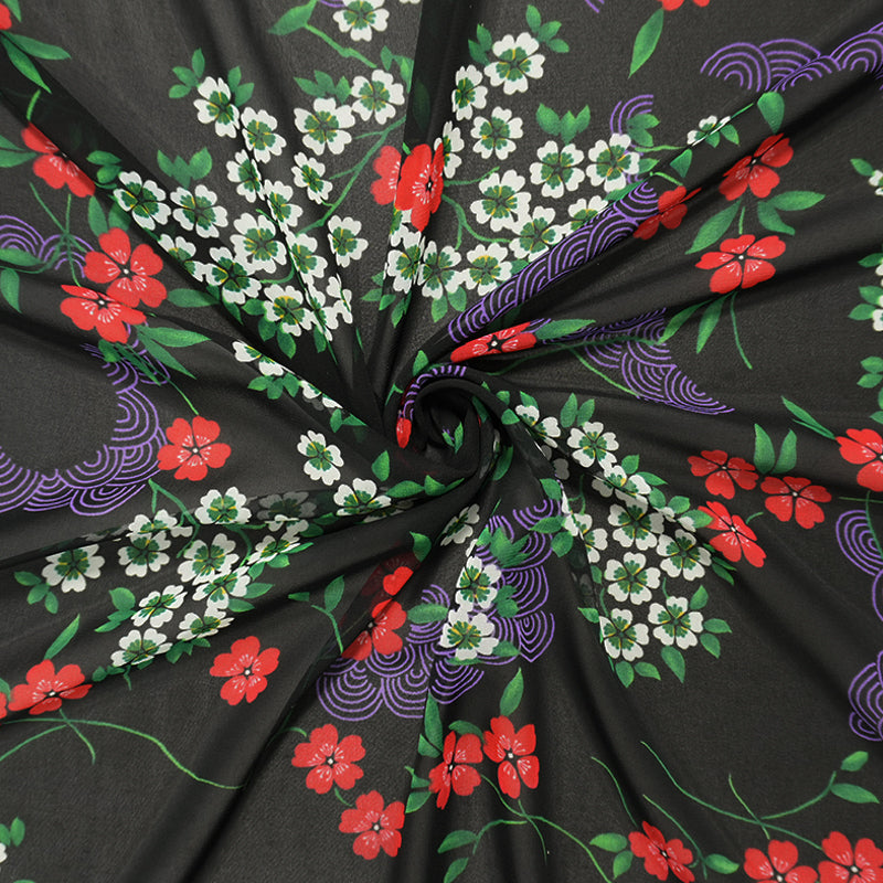 Black-Red-Multi Poly Floral Printed Chiffon Woven Fabric