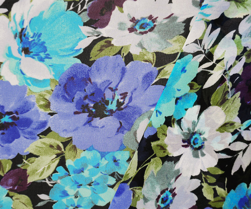 Black-Blue-Multi Poly Floral Printed Chiffon Woven Fabric