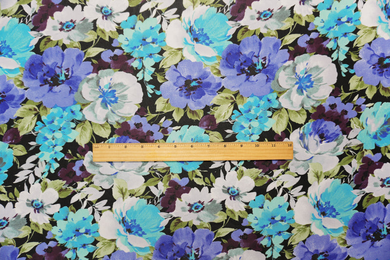 Black-Blue-Multi Poly Floral Printed Chiffon Woven Fabric