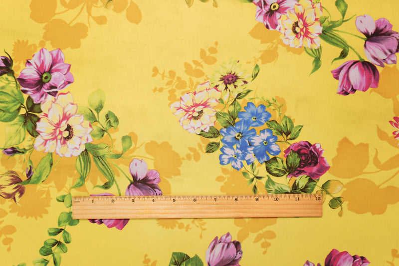 Yellow-Pink-Multi Poly Floral Printed Chiffon Woven Fabric