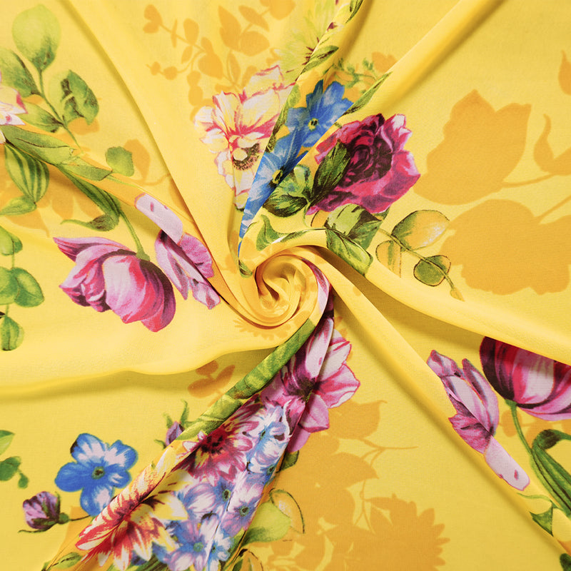 Yellow-Pink-Multi Poly Floral Printed Chiffon Woven Fabric